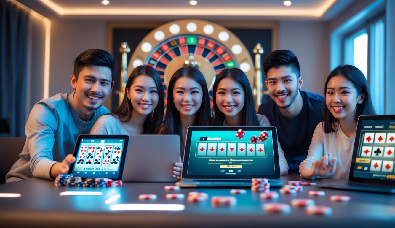 Sekelompok orang muda menggunakan perangkat digital untuk bermain permainan kasino online di ruangan yang terang dan nyaman.