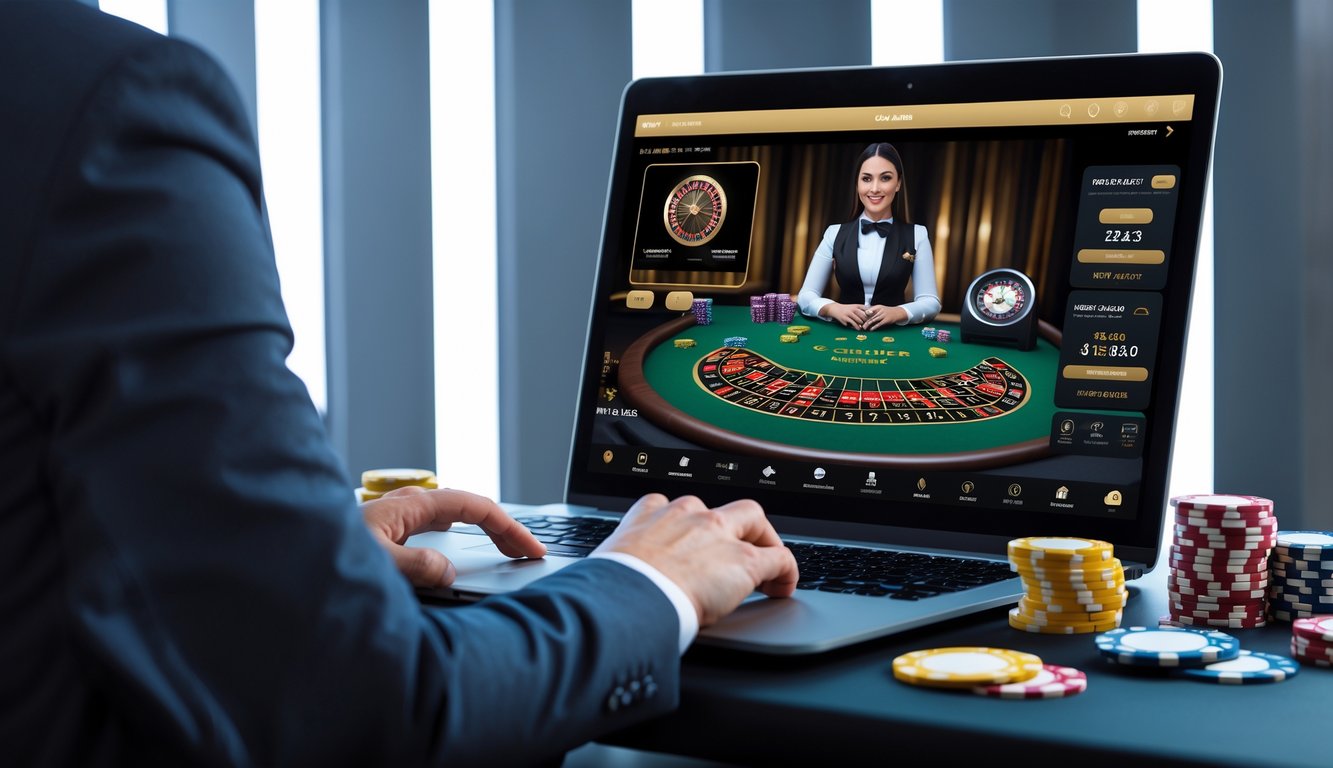 Seorang dealer kasino langsung terlihat di layar komputer dengan kartu, roda roulette, dan chip di sekitar, menunjukkan suasana kasino online yang aman dan ramah bagi pemula.