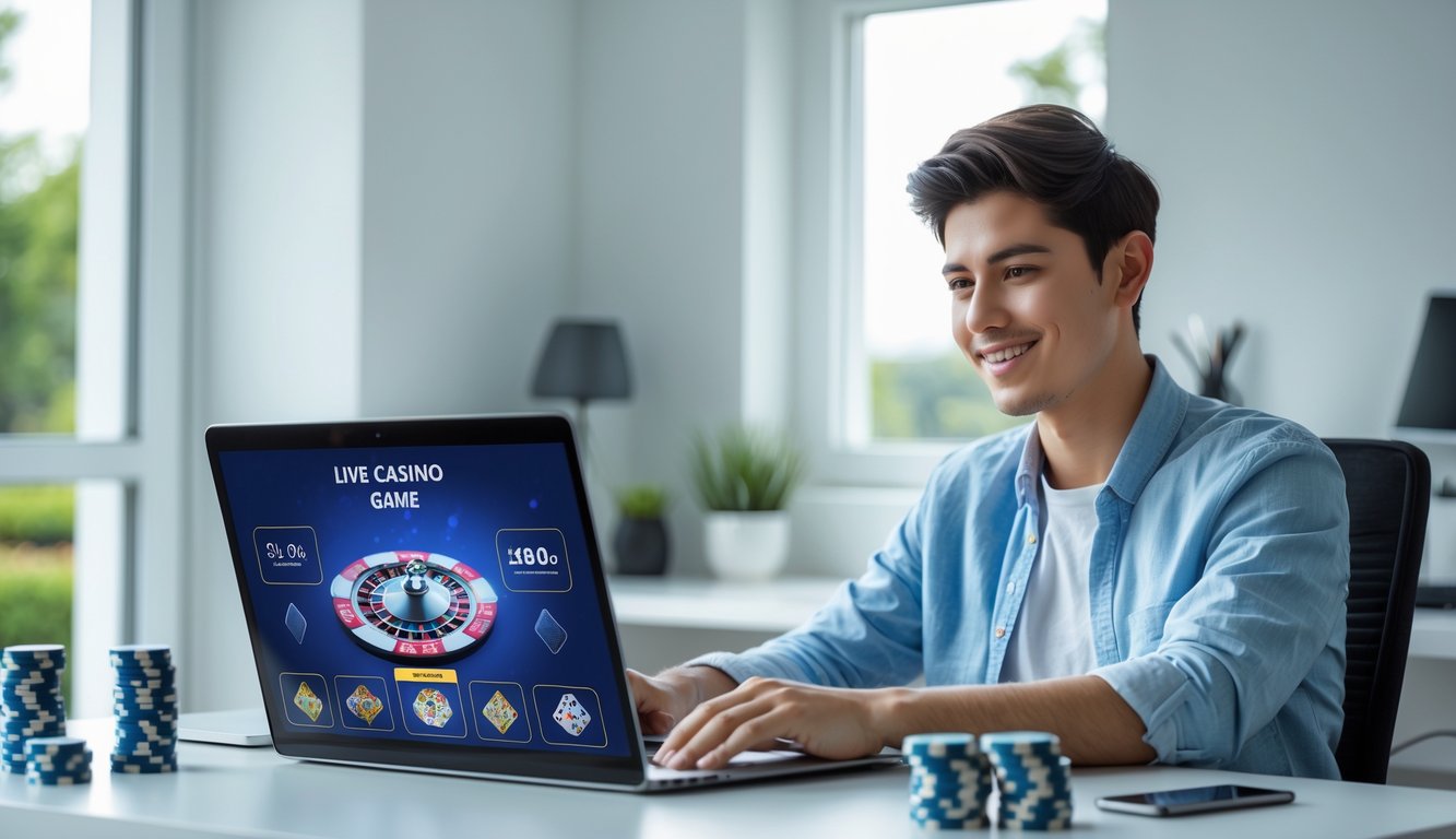 Seorang pemuda duduk di meja dengan laptop membuka permainan kasino online, tampak fokus dan optimis di ruang kerja rumah yang terang dan rapi.