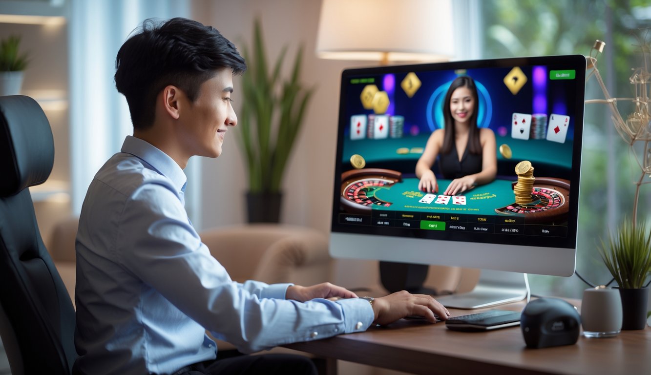 Seorang pemain muda sedang bermain live casino online di komputer di rumah dengan suasana nyaman dan pencahayaan alami.