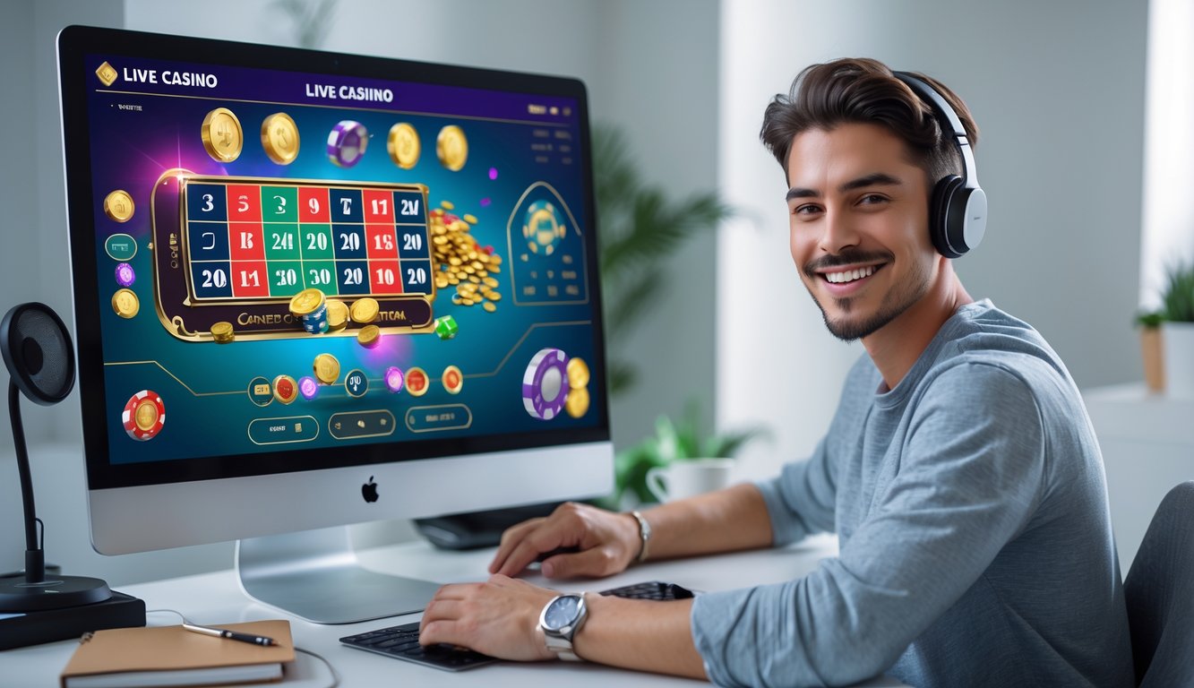 Seorang pemula yang antusias sedang menggunakan komputer di ruang kerja modern untuk menemukan kasino live online terbaik tahun 2026.
