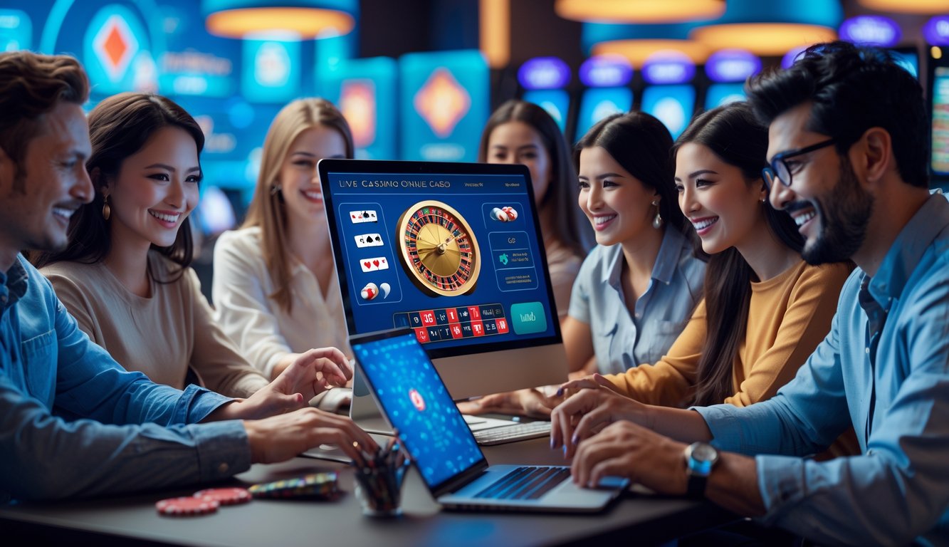 Beberapa orang muda sedang bermain live casino online dengan komputer dan ponsel di meja modern.