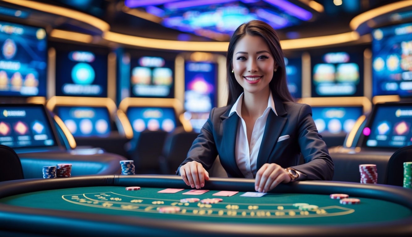 Seorang dealer wanita ramah di meja kasino online dengan layar digital dan suasana modern.