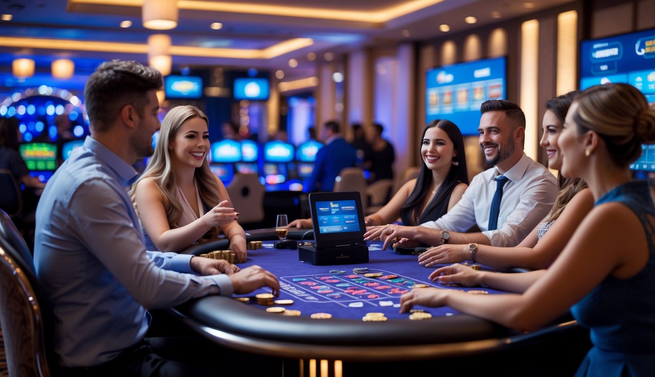 Seorang dealer casino ramah berinteraksi dengan pemain pemula melalui layar video di lingkungan casino online yang terang dan modern.