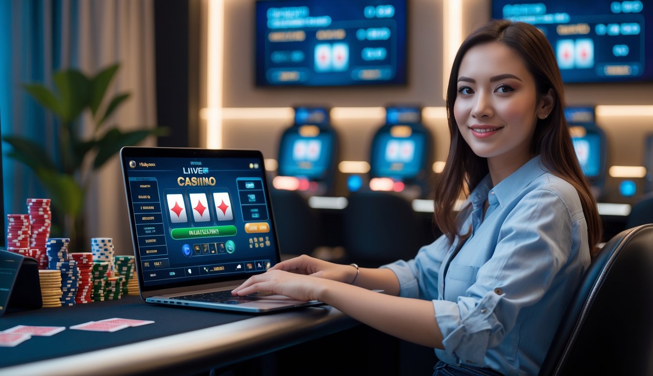 Seorang wanita muda duduk di depan laptop yang menampilkan permainan kasino langsung, dengan suasana ruangan yang nyaman dan dekorasi bertema kasino.