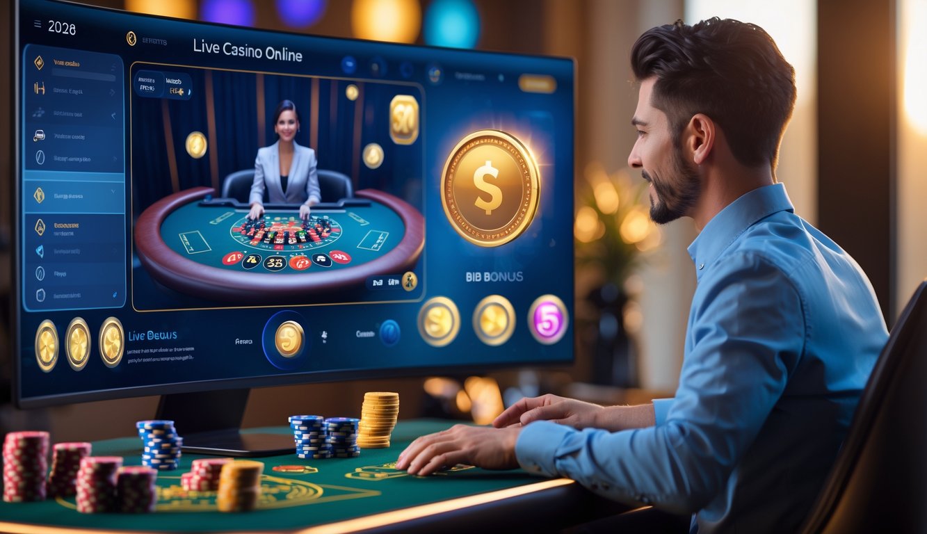 Seorang pemain muda sedang bermain live casino online di depan komputer dengan dealer langsung dan elemen kasino seperti chip dan kartu di sekitarnya.