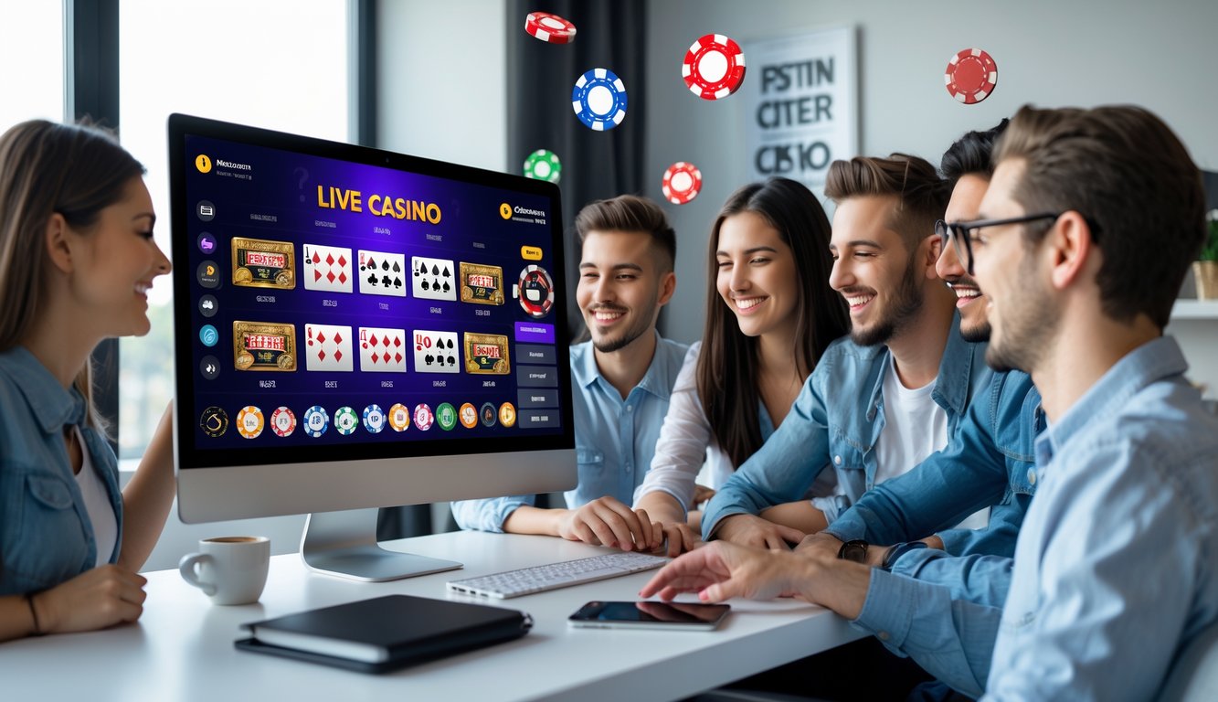 Beberapa orang muda sedang menggunakan komputer dengan tampilan permainan kasino langsung online di layar, di ruang kerja yang rapi dan terang.