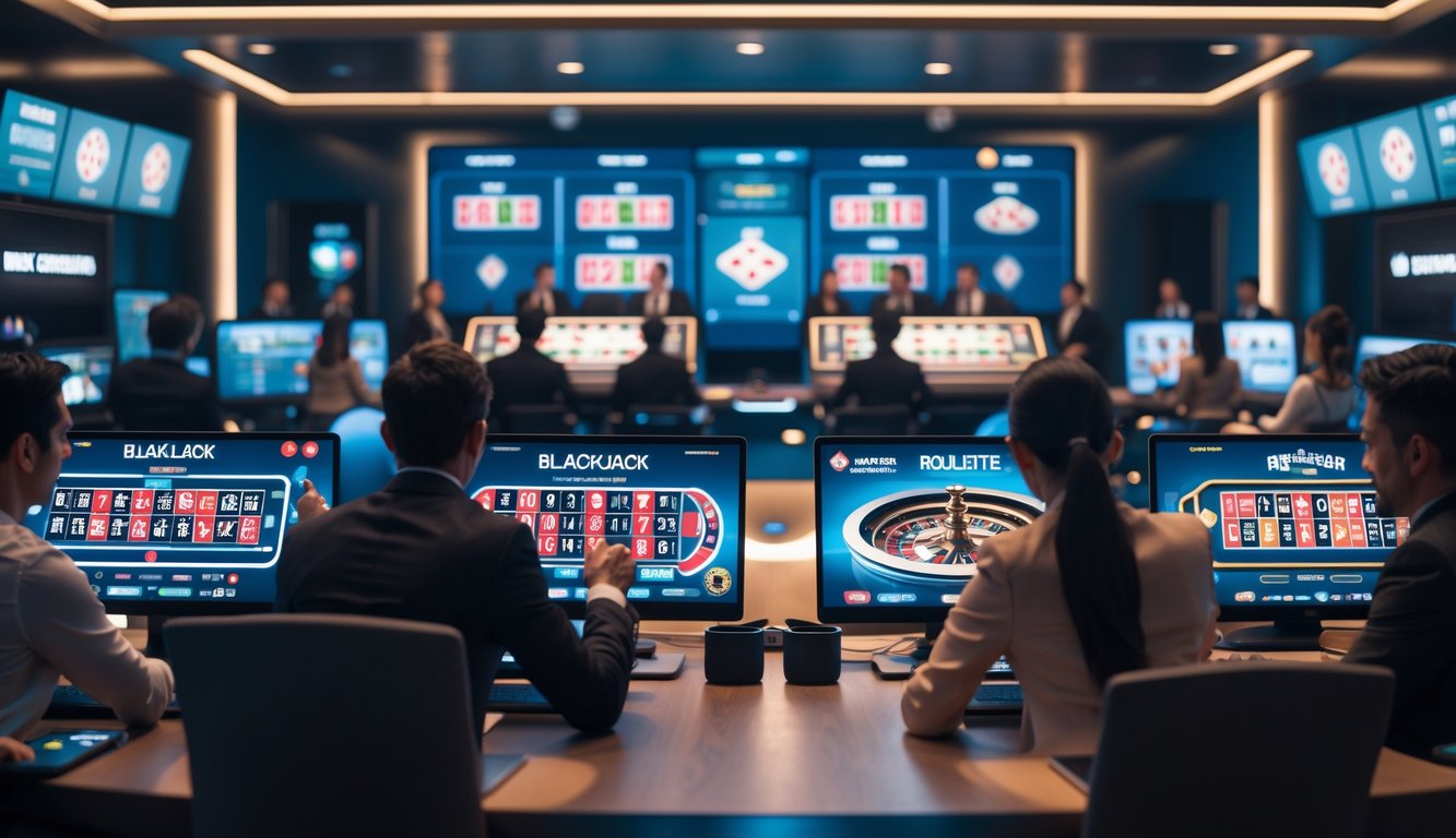 Sebuah ruangan modern dengan beberapa layar komputer menampilkan permainan kasino langsung dan orang-orang menggunakan laptop dan ponsel untuk bermain.