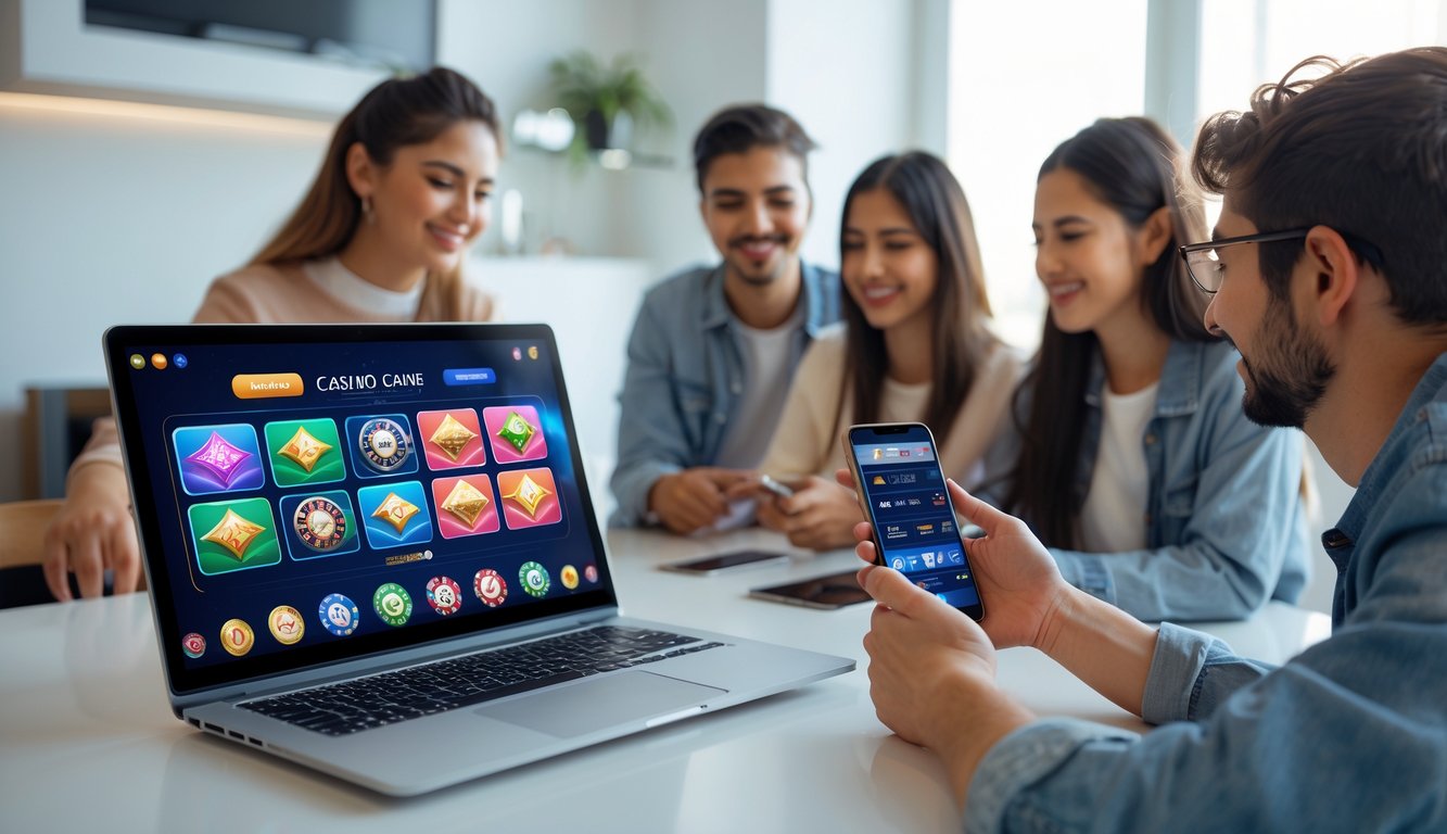 Beberapa orang muda menggunakan laptop dan ponsel untuk bermain permainan kasino online di ruang tamu yang terang dan nyaman.