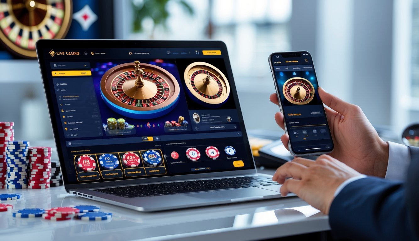 Seorang pengguna berinteraksi dengan laptop dan ponsel yang menampilkan platform live casino online dengan latar belakang elemen kasino seperti chip dan kartu remi.