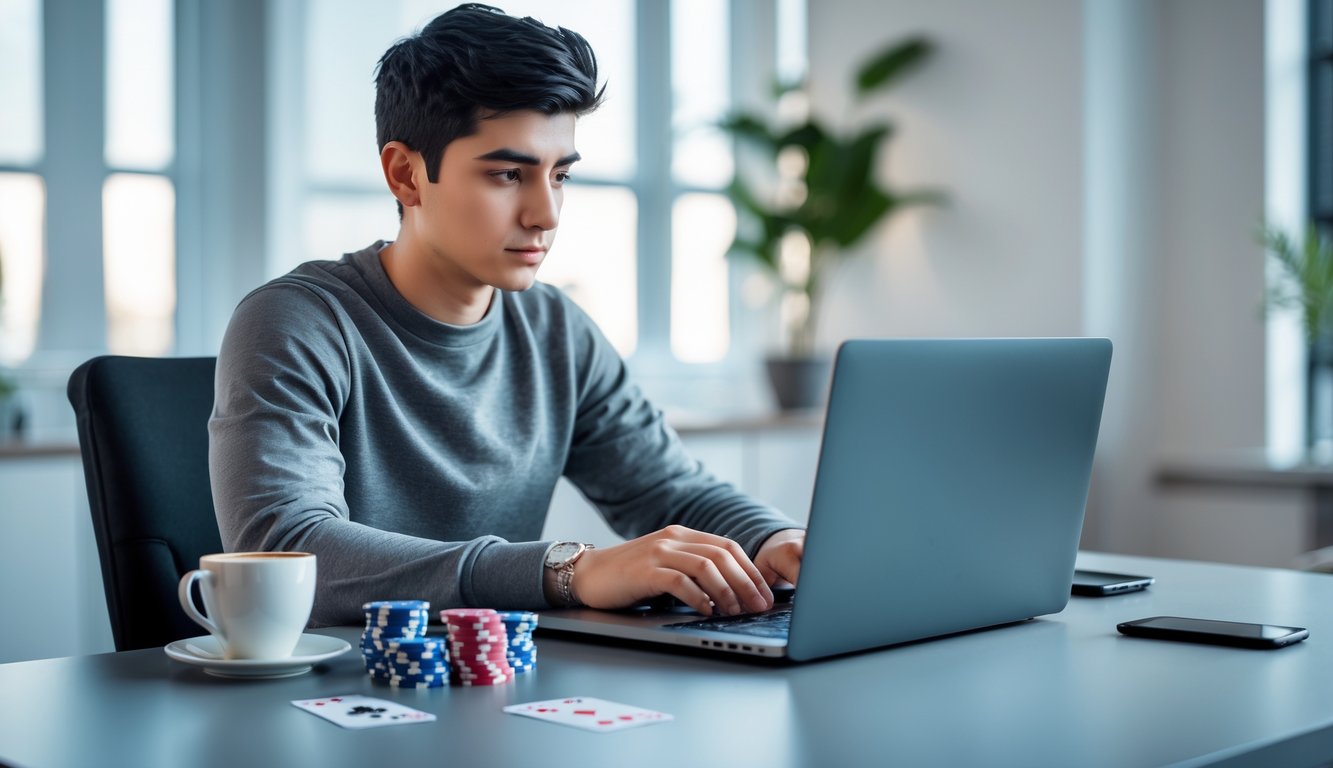 Seorang dewasa muda duduk di meja dengan laptop dan perlengkapan poker di sekitarnya, tampak fokus dan santai di ruang kerja modern.