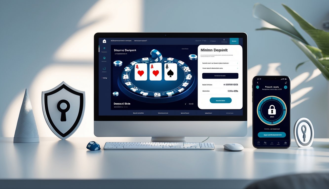 Sebuah meja kerja dengan komputer dan ponsel yang menampilkan permainan poker online dan antarmuka deposit yang aman.