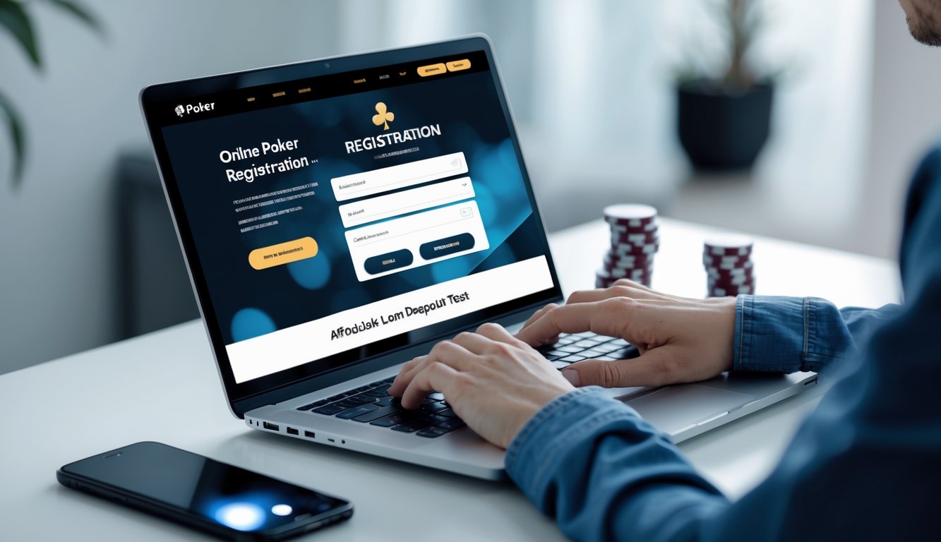Seseorang menggunakan laptop untuk mendaftar poker online dengan chip poker dan ponsel di meja.