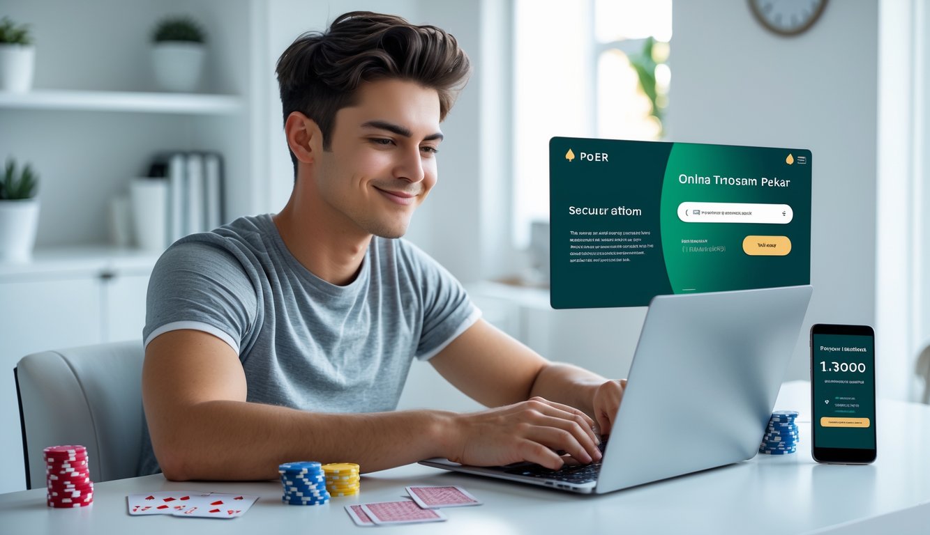 Seorang dewasa muda duduk di meja kerja modern menggunakan laptop untuk bermain poker online dengan kartu dan chip poker di meja.
