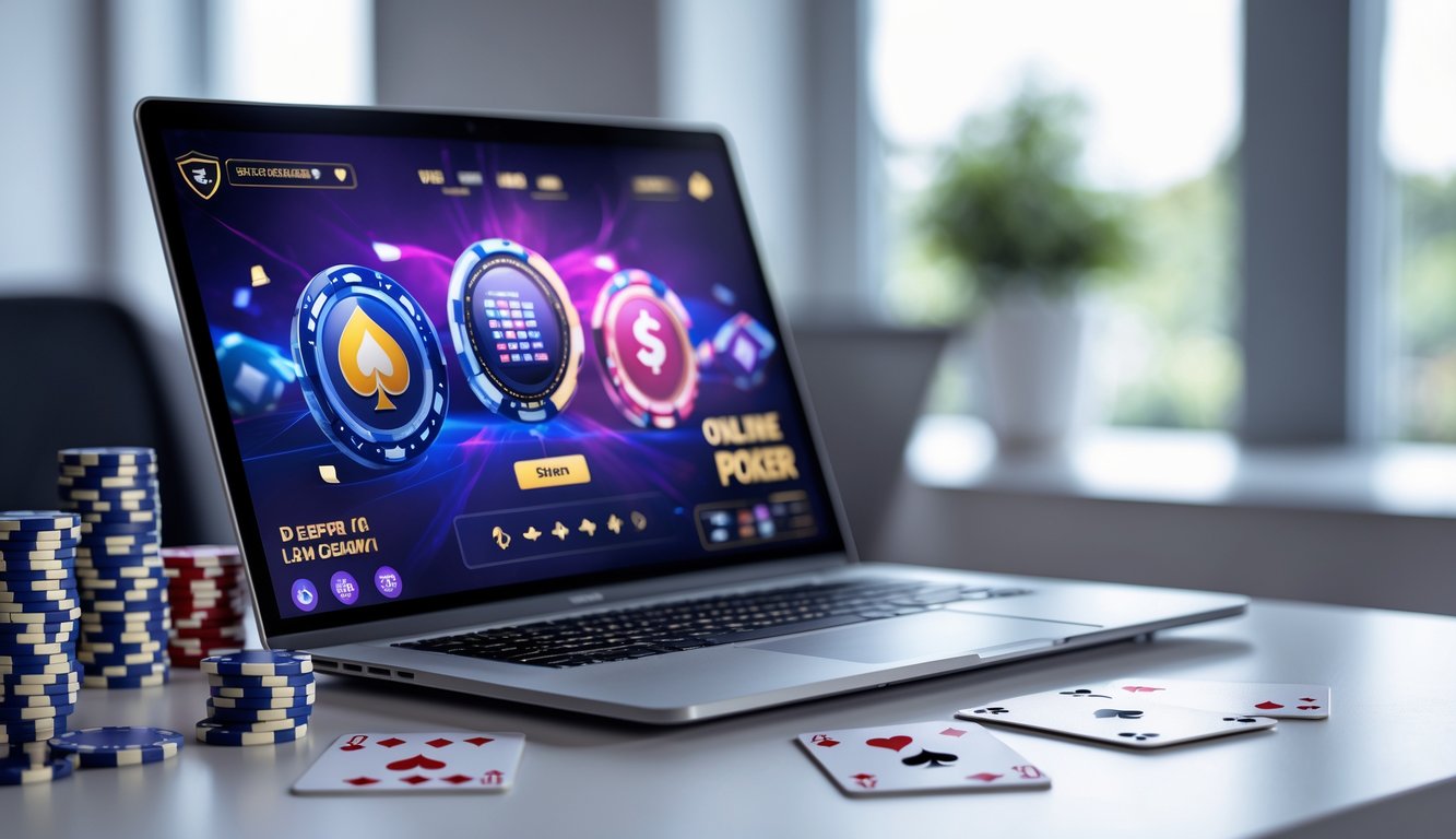 Sebuah meja kerja dengan komputer yang menampilkan permainan poker online, dikelilingi chip poker dan kartu, menunjukkan suasana permainan poker yang aman dan terpercaya.
