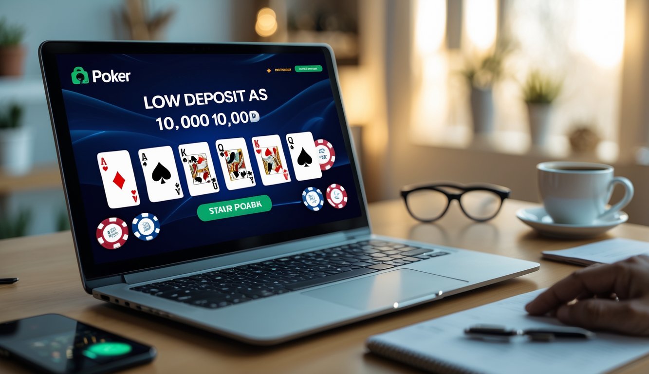 Seorang pengguna bermain poker online di laptop dengan chip poker kecil dan kartu, di meja kerja yang rapi dan terang.