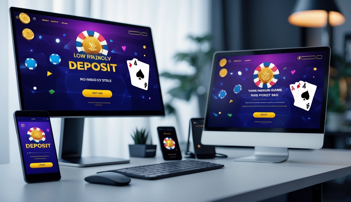 Meja kerja modern dengan komputer, smartphone, dan tablet yang menampilkan permainan poker online.