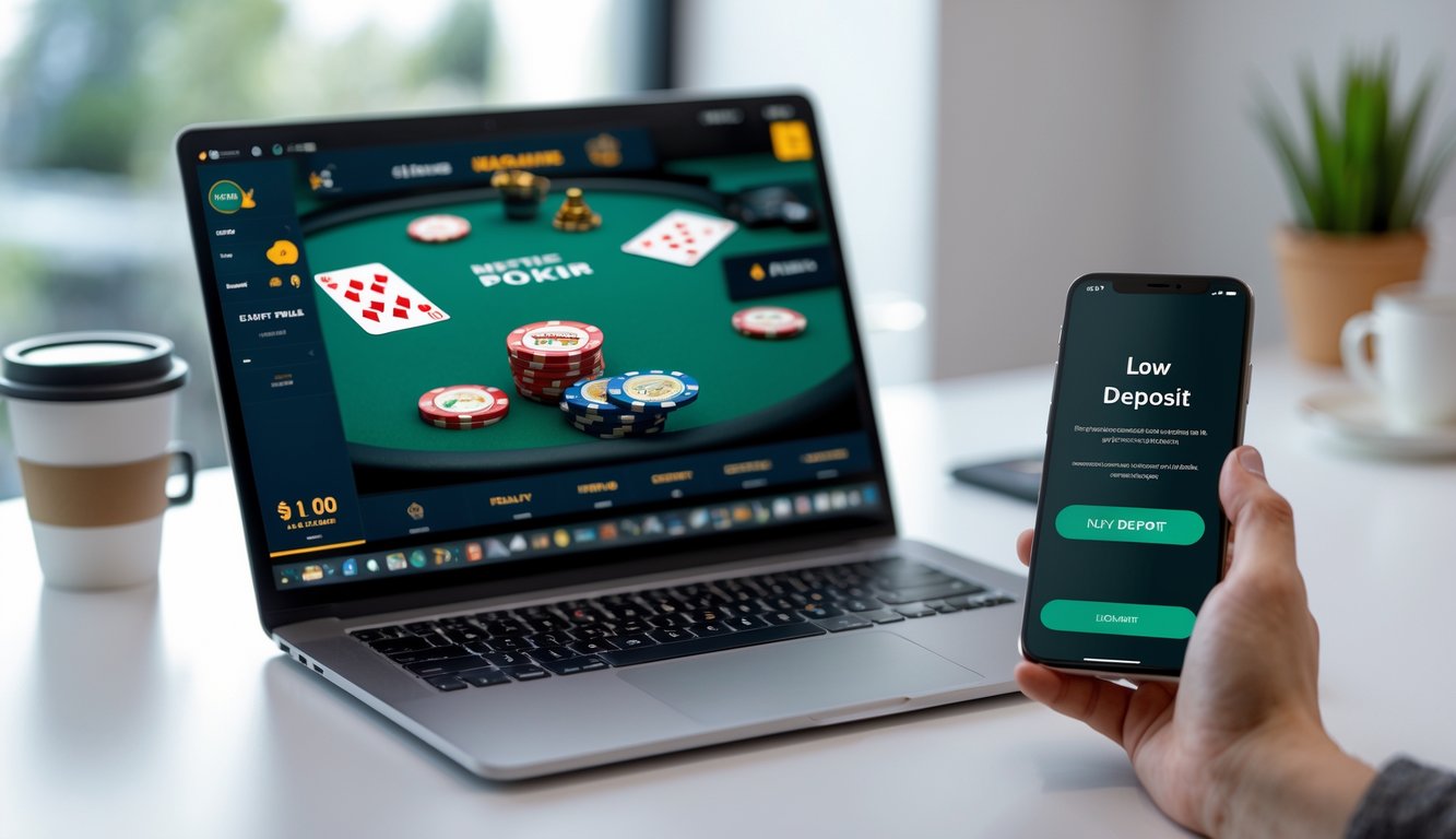 Seorang pria menggunakan laptop dan ponsel untuk bermain poker online dengan suasana ruang kerja yang rapi dan nyaman.
