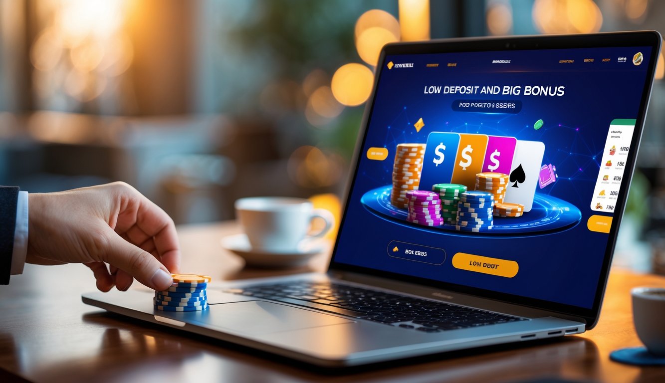 Seorang pemain menggunakan laptop untuk bermain poker online dengan tumpukan chip dan kartu di meja.