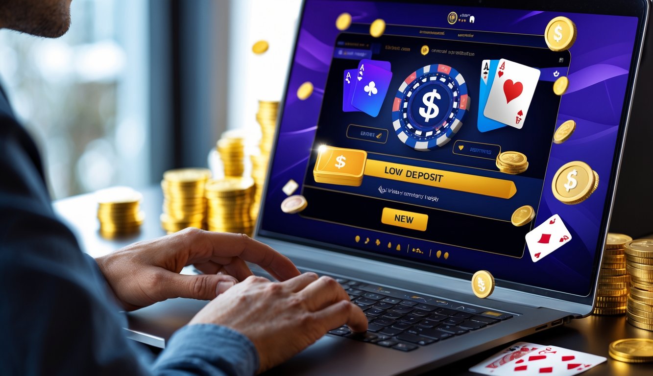 Seorang pemain menggunakan laptop dengan tampilan permainan poker online dan chip poker di meja, menunjukkan suasana permainan poker online dengan deposit rendah dan bonus besar.
