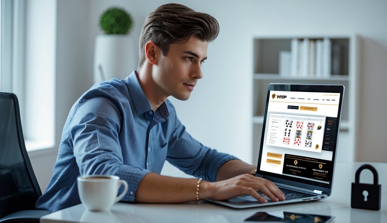 Seorang pria muda duduk di meja dengan laptop, fokus pada layar yang menampilkan situs poker online, di ruangan yang rapi dan terang.