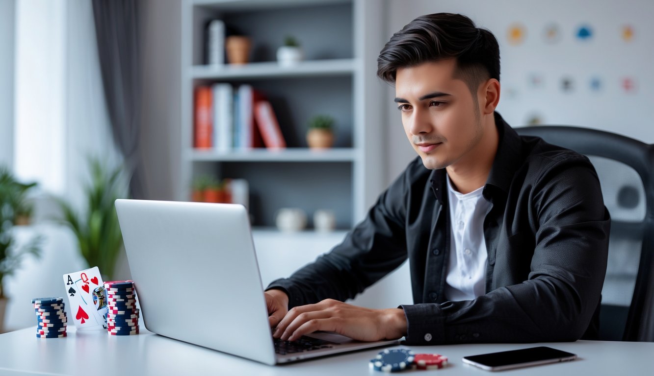 Seorang pria muda duduk di meja kerja dengan laptop, tampak fokus memilih situs poker online dengan suasana ruang kerja yang terang dan rapi.