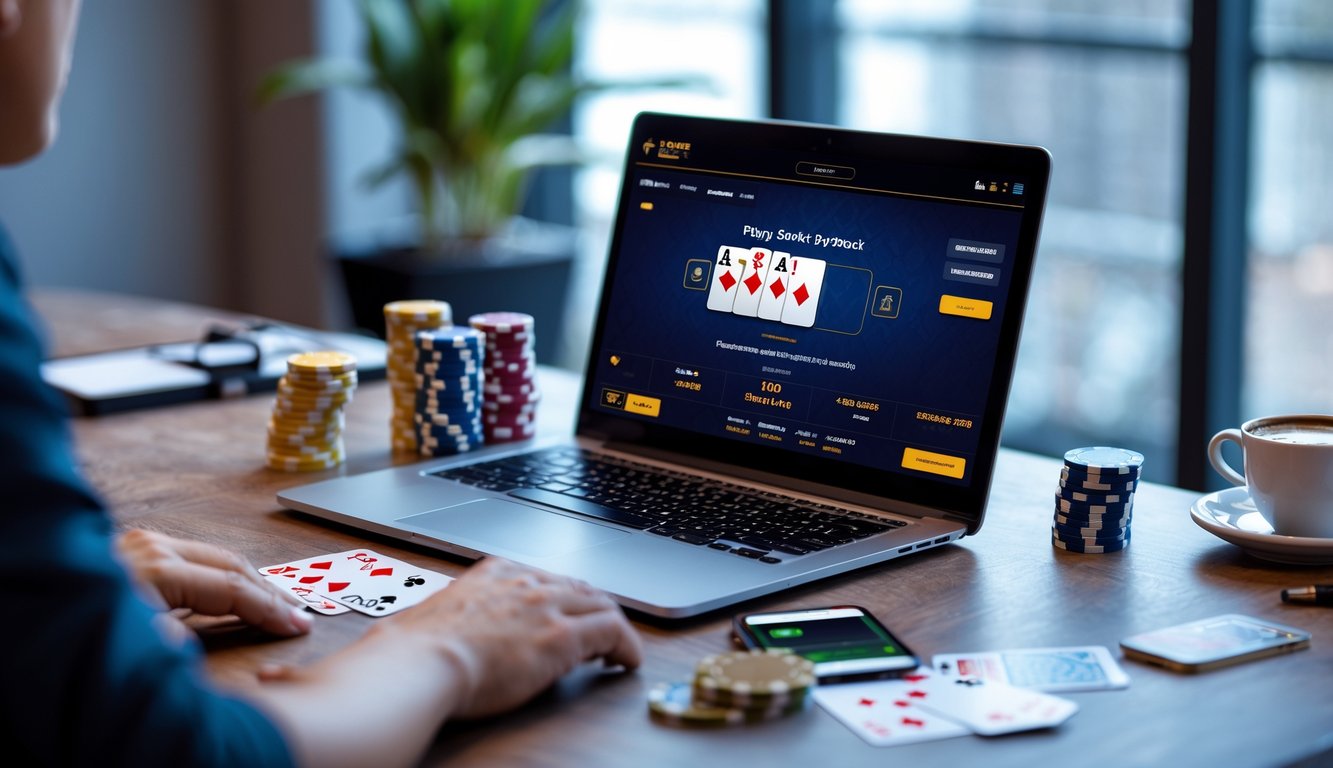 Sebuah laptop menampilkan permainan poker online dengan tumpukan chip poker dan kartu di sekitarnya, di atas meja kerja yang rapi.