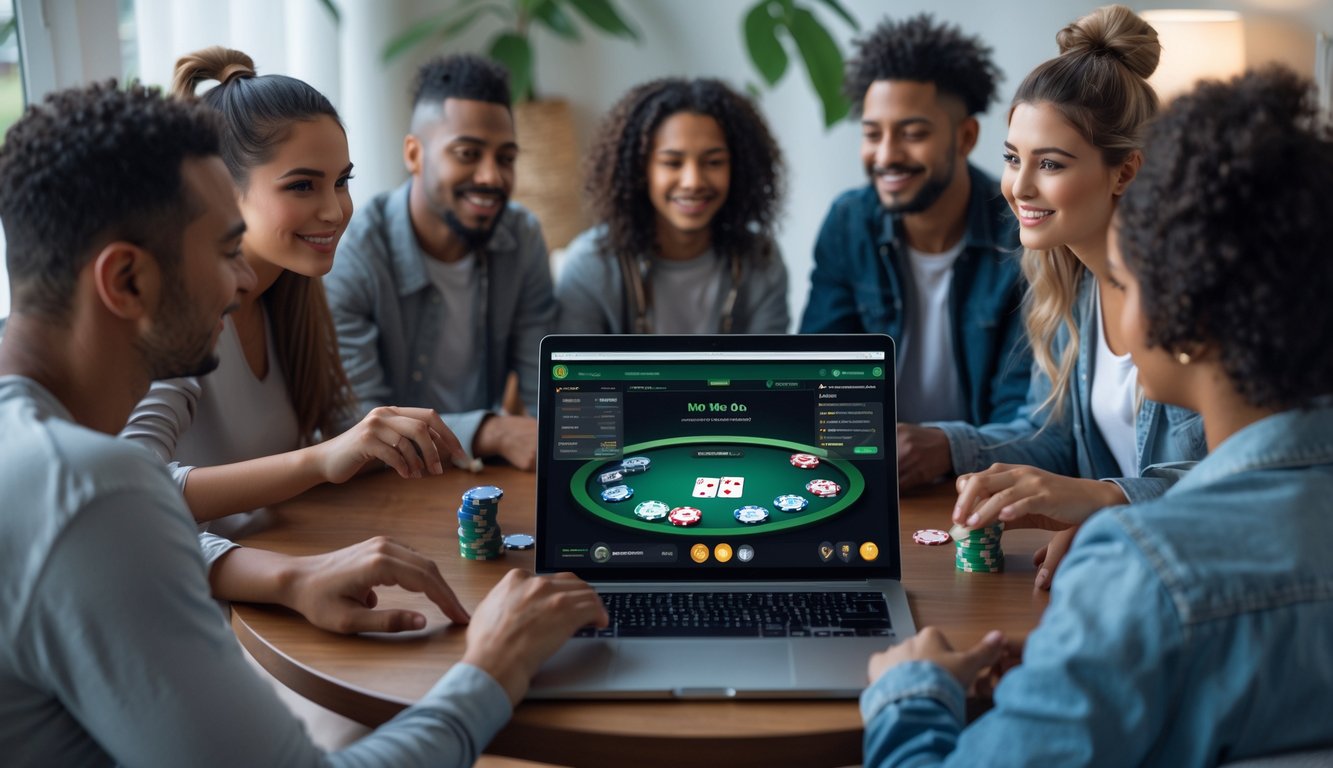 Beberapa orang bermain poker online menggunakan laptop dan ponsel di ruang tamu yang nyaman.