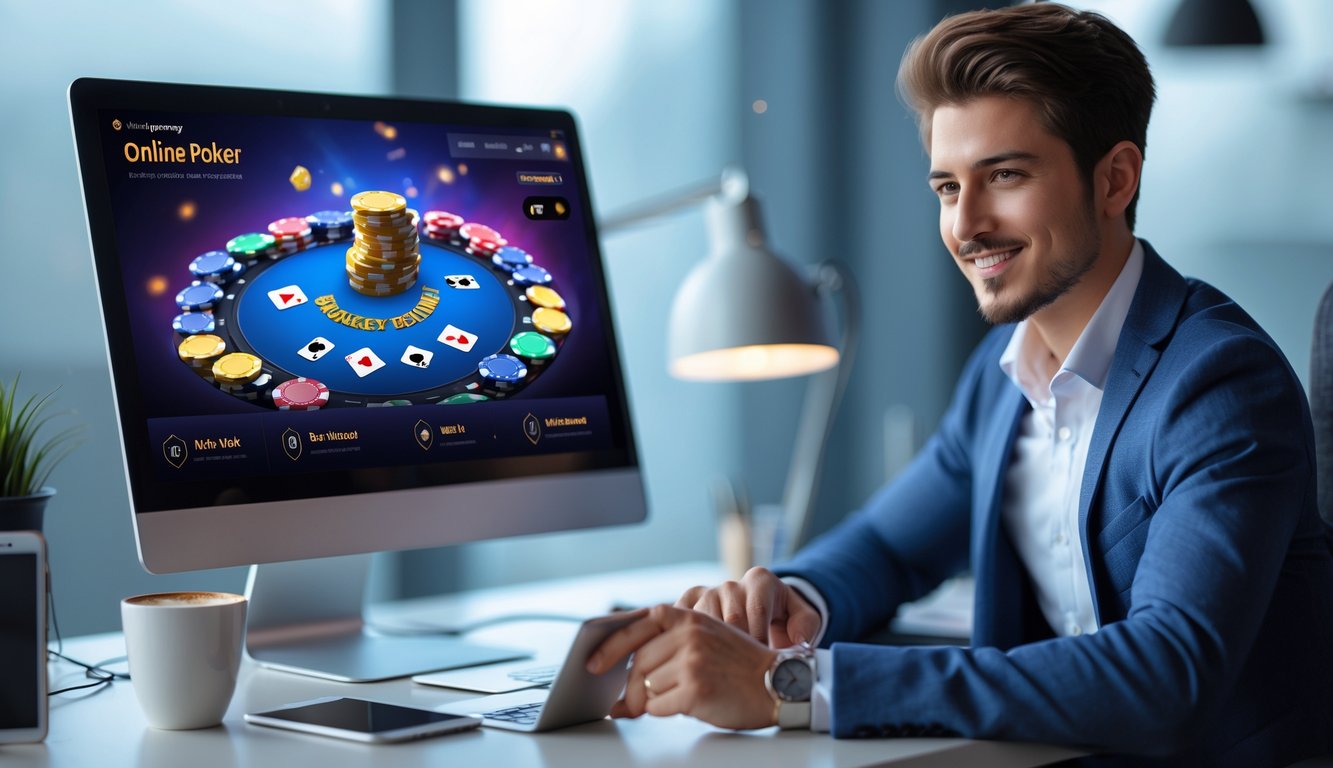 Seorang pemain muda duduk di depan komputer yang menampilkan permainan poker online dengan chip dan kartu, di meja terdapat ponsel dan cangkir kopi.