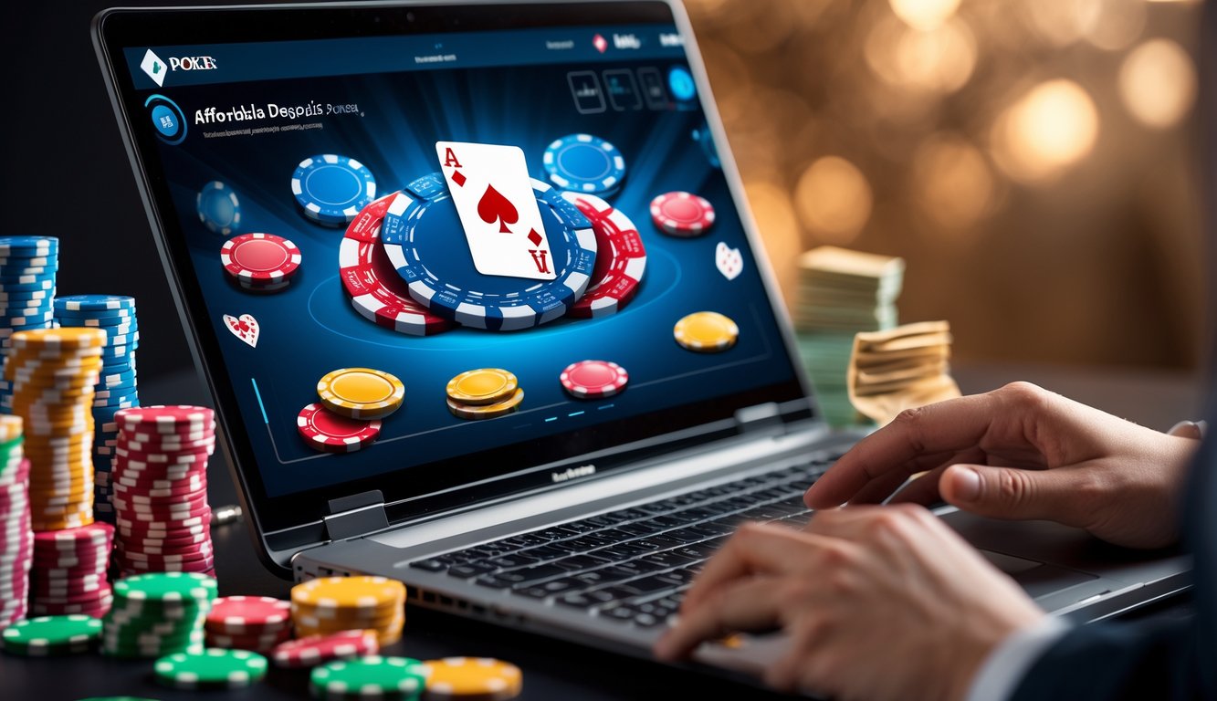 Seseorang bermain poker online di depan komputer dengan tumpukan chip poker dan uang di sekitarnya.