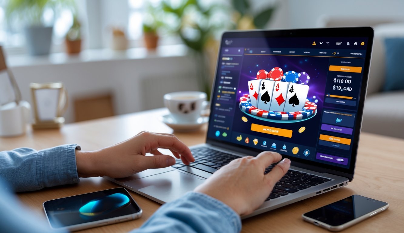Seseorang bermain poker online di depan komputer di ruangan yang nyaman dengan chip poker dan kartu di layar.