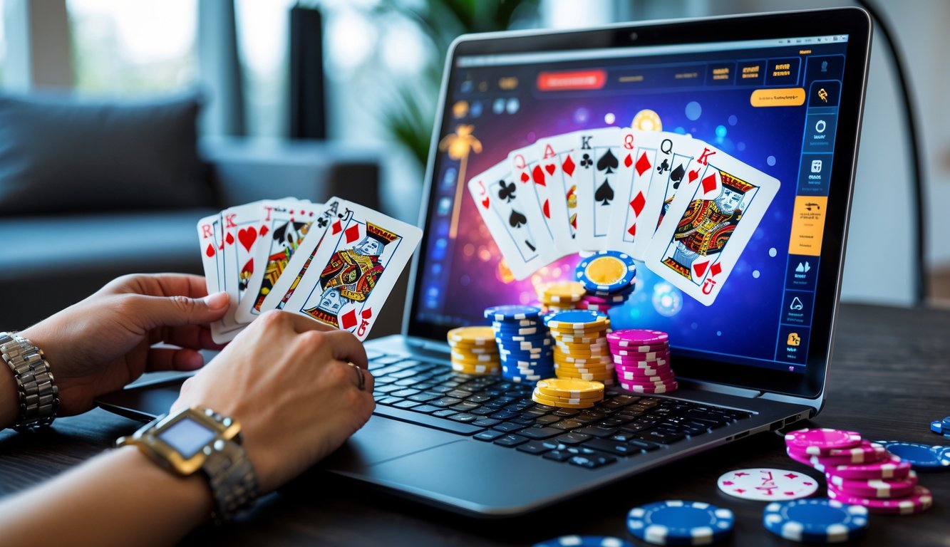 Seseorang sedang bermain poker online di laptop dengan kartu dan chip poker di meja, menunjukkan suasana permainan yang menarik dan nyaman.