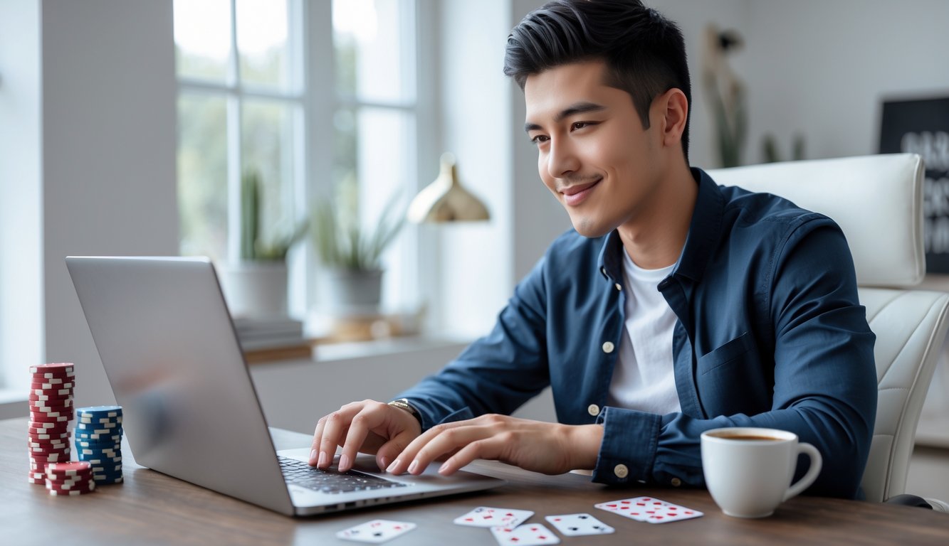 Seorang pria muda duduk di meja dengan laptop, bermain poker online dengan chip dan kartu di sekitar, tampak fokus dan tenang.