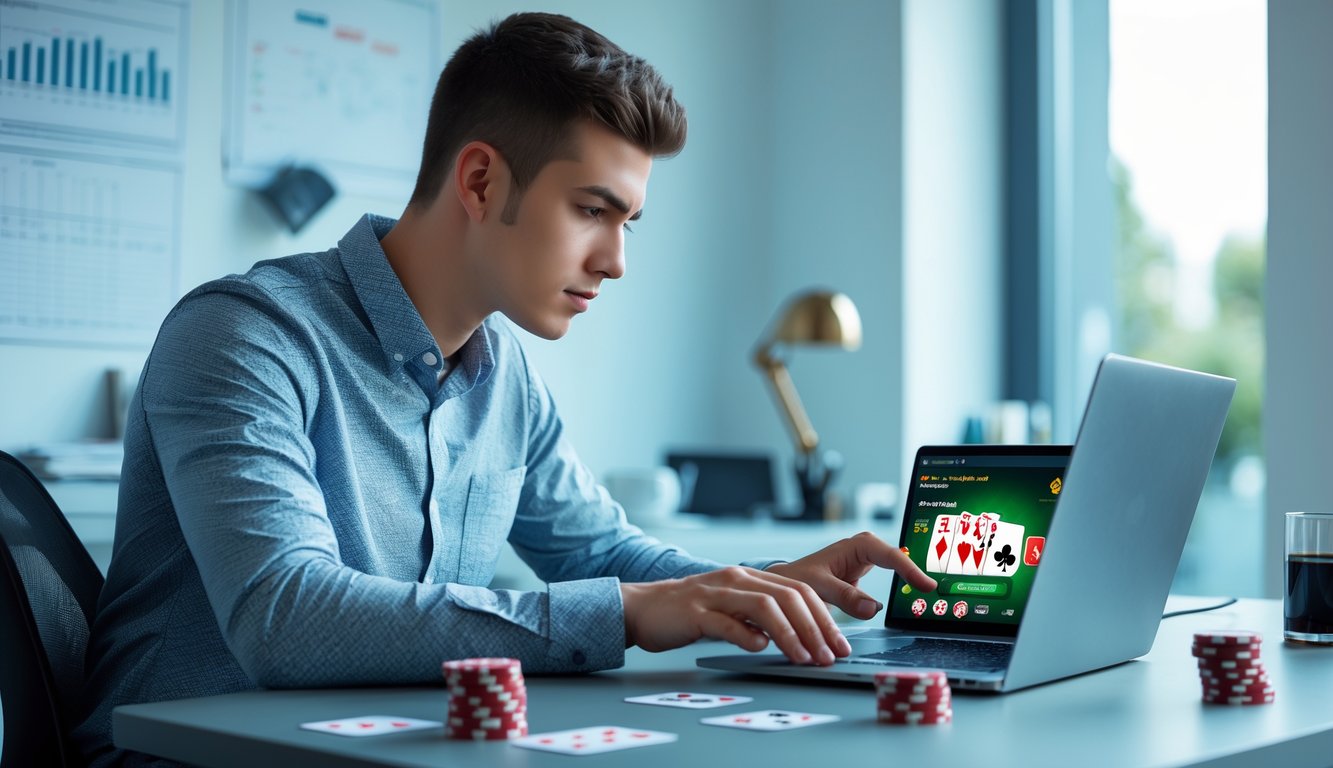 Seorang pria muda duduk di meja dengan laptop, kartu poker, dan chip poker, fokus bermain poker online di ruangan yang terang dan rapi.