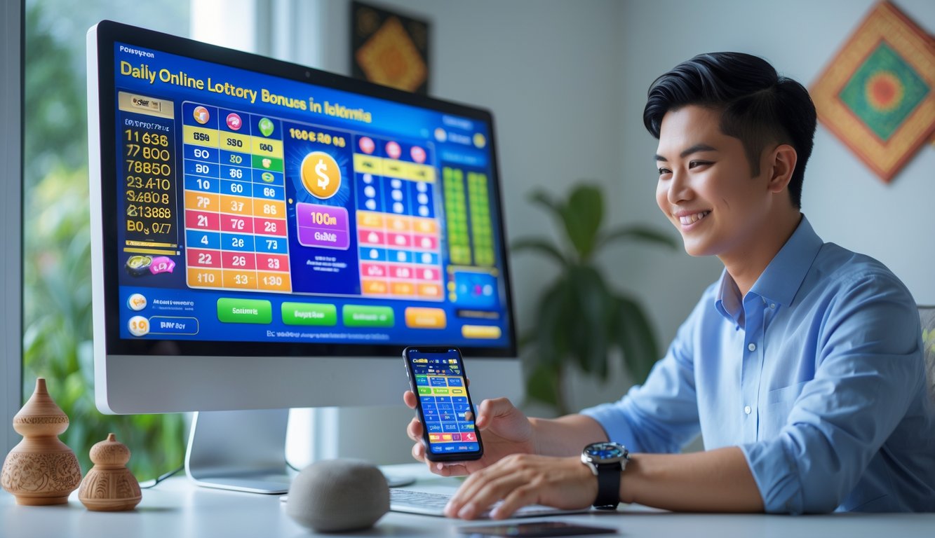 Seorang dewasa muda sedang menggunakan komputer dan ponsel di ruang kerja modern dengan dekorasi tradisional Indonesia.