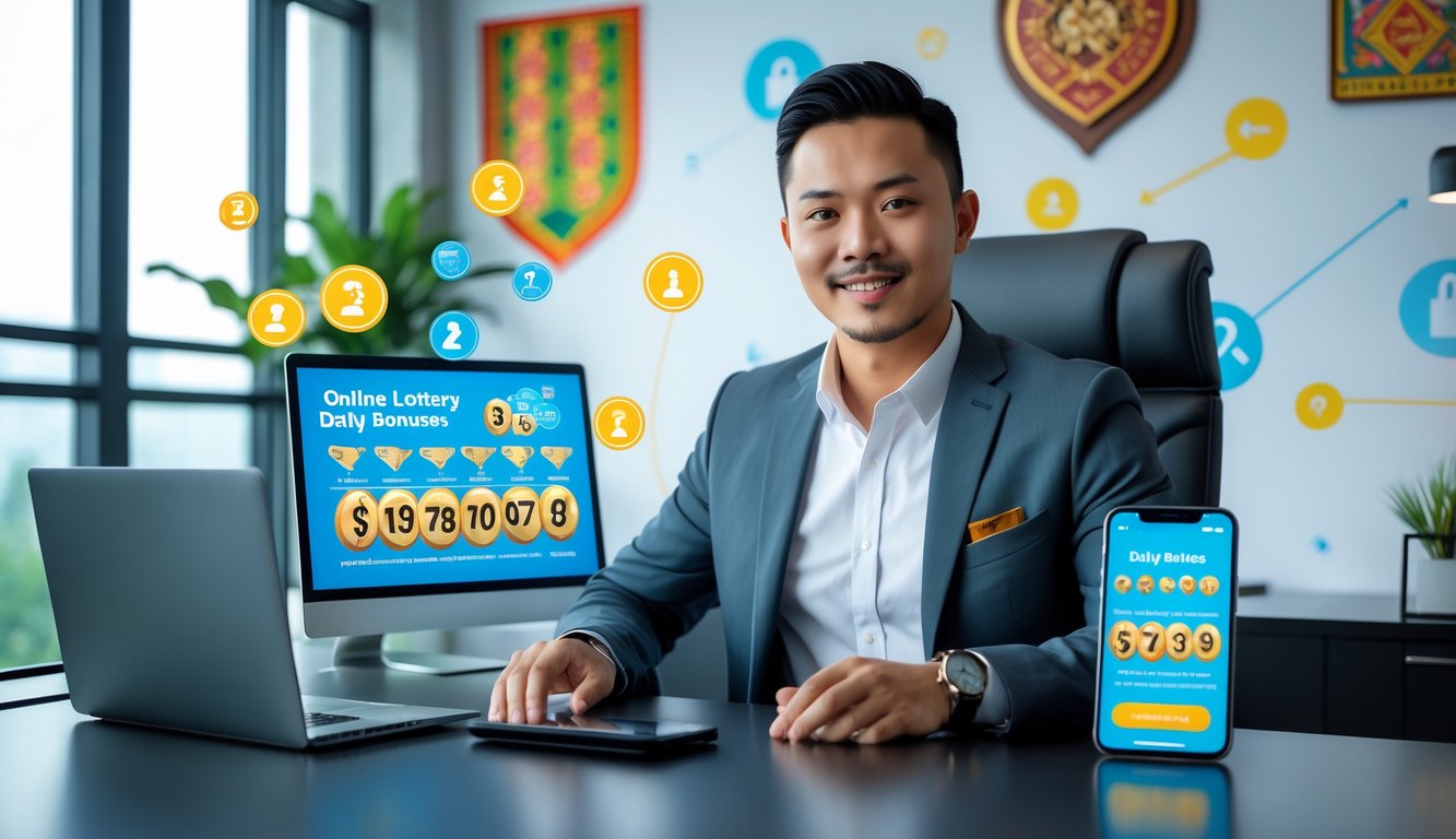 Seorang pria atau wanita Asia Tenggara duduk di meja dengan laptop dan ponsel menampilkan angka togel, di kantor modern dengan simbol keamanan dan motif batik.