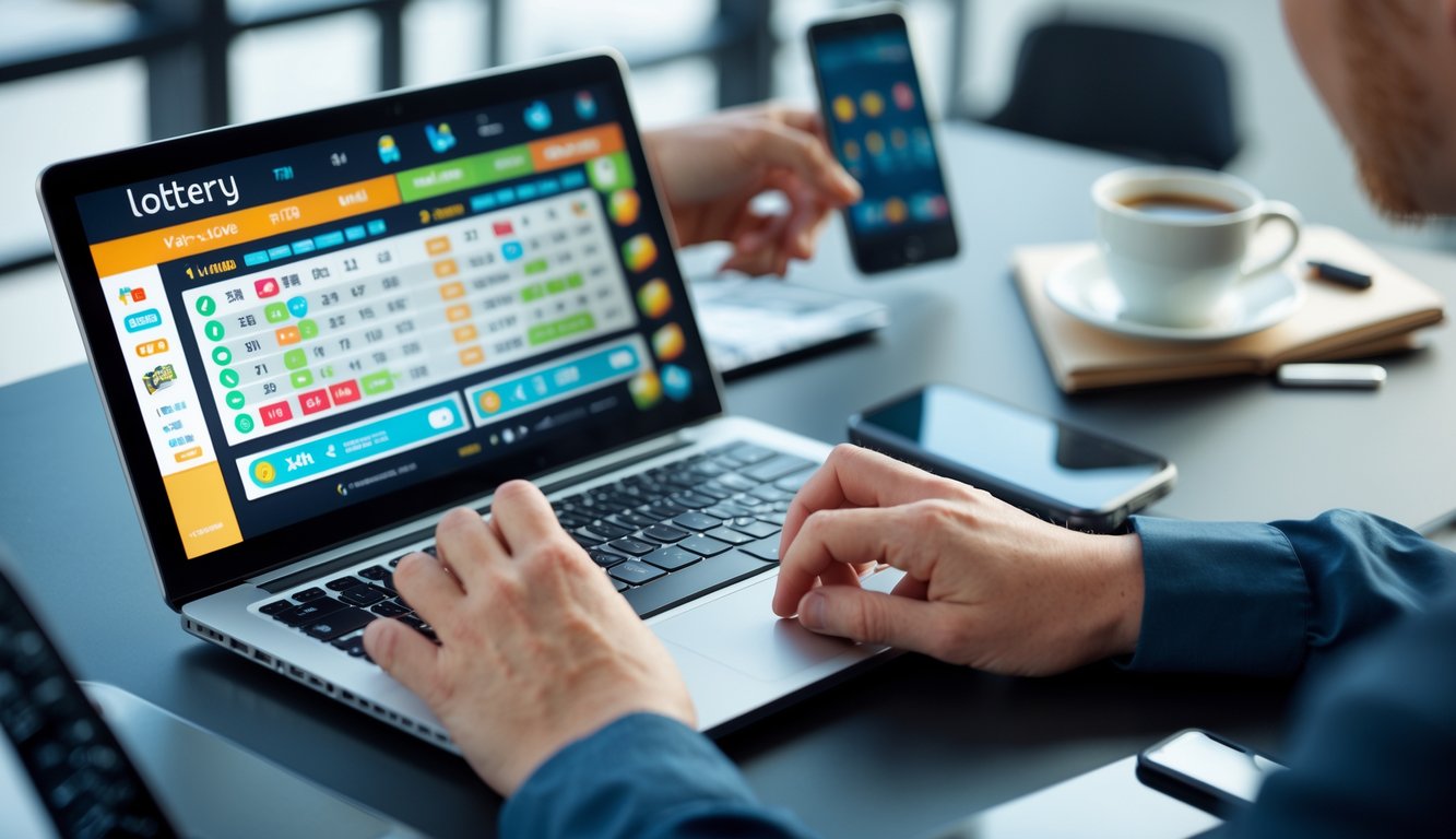 Orang menggunakan laptop di meja kerja dengan layar menampilkan situs judi togel online, di sekitar meja terdapat telepon, kopi, dan alat tulis.