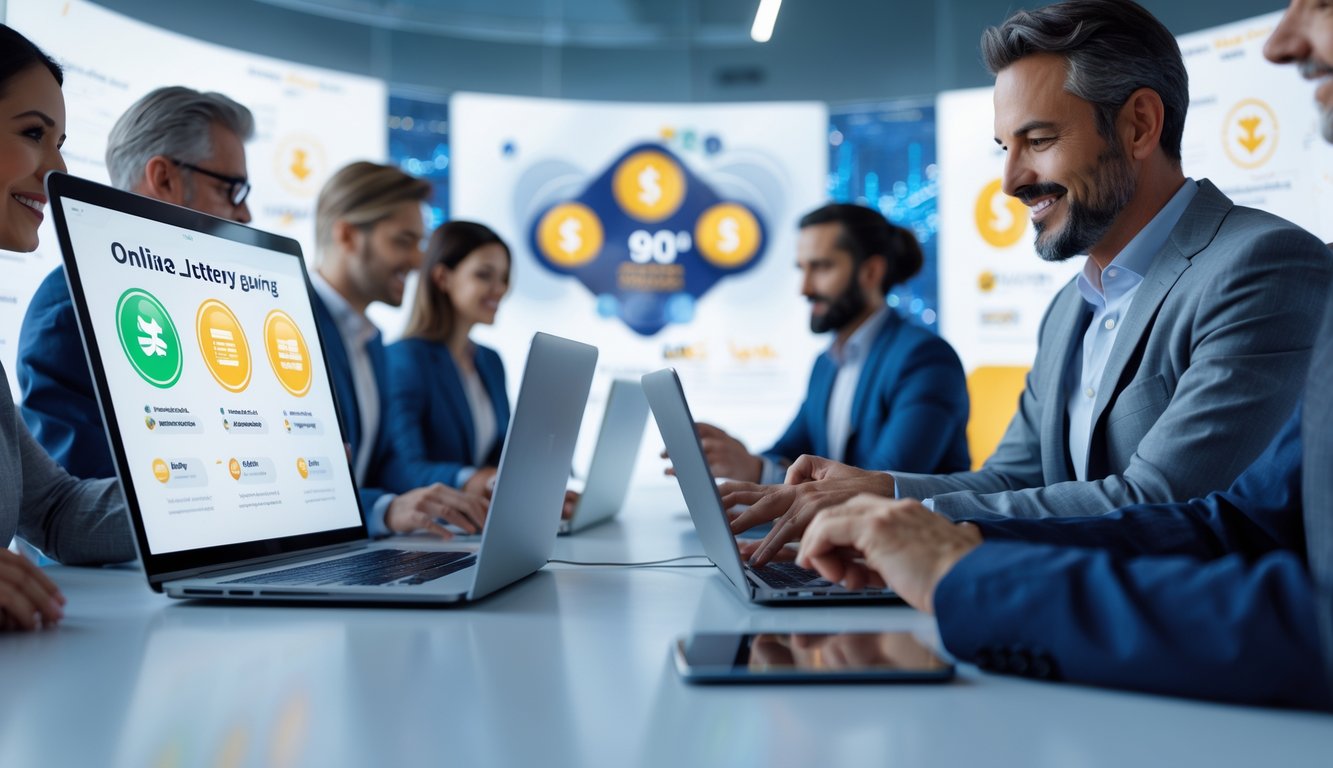 Sekelompok orang dewasa menggunakan laptop dan ponsel di ruang kantor modern dengan elemen digital yang menggambarkan permainan togel online.