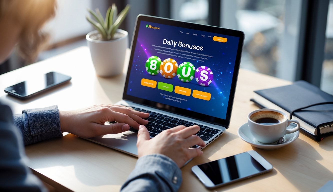 Seseorang menggunakan laptop di meja kerja dengan tampilan situs lotere online yang menampilkan penawaran bonus harian.