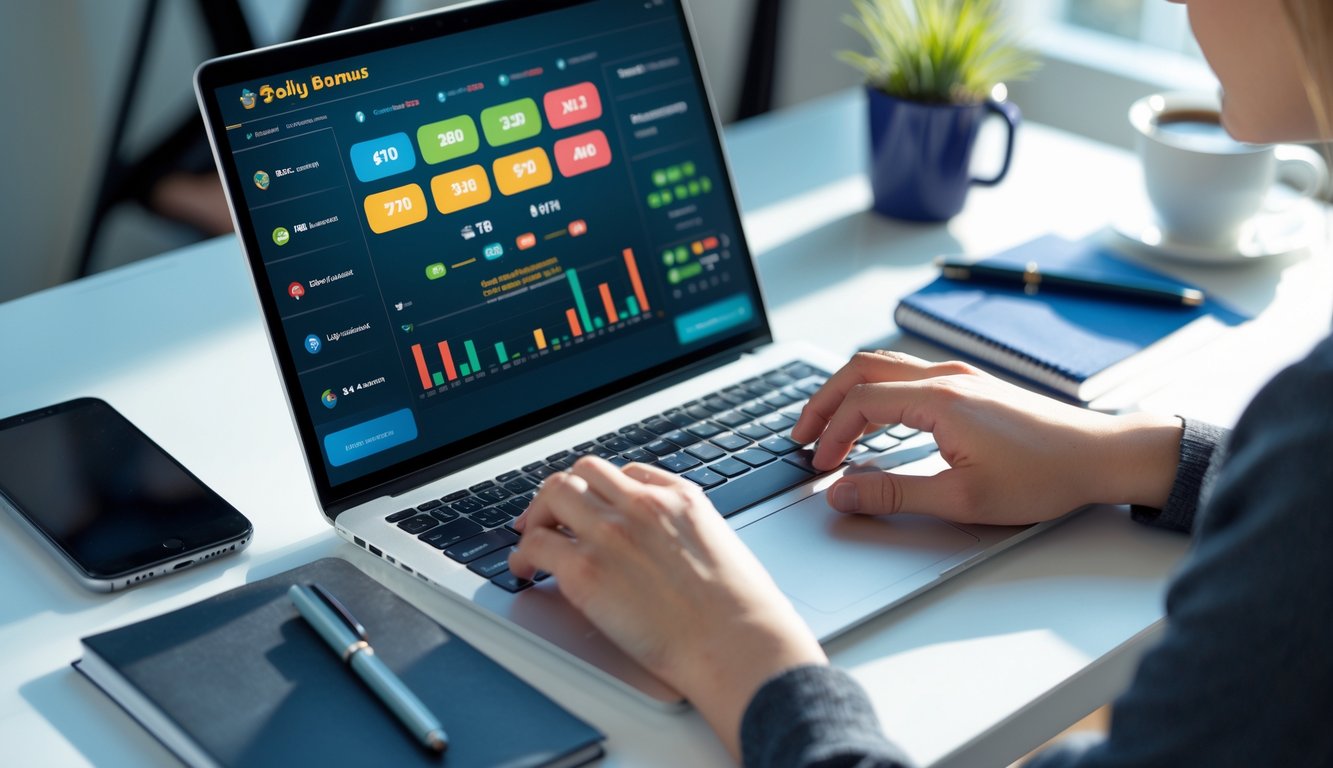 Seseorang menggunakan laptop di meja kerja dengan ponsel, buku catatan, dan kopi, fokus pada layar yang menampilkan situs togel online.