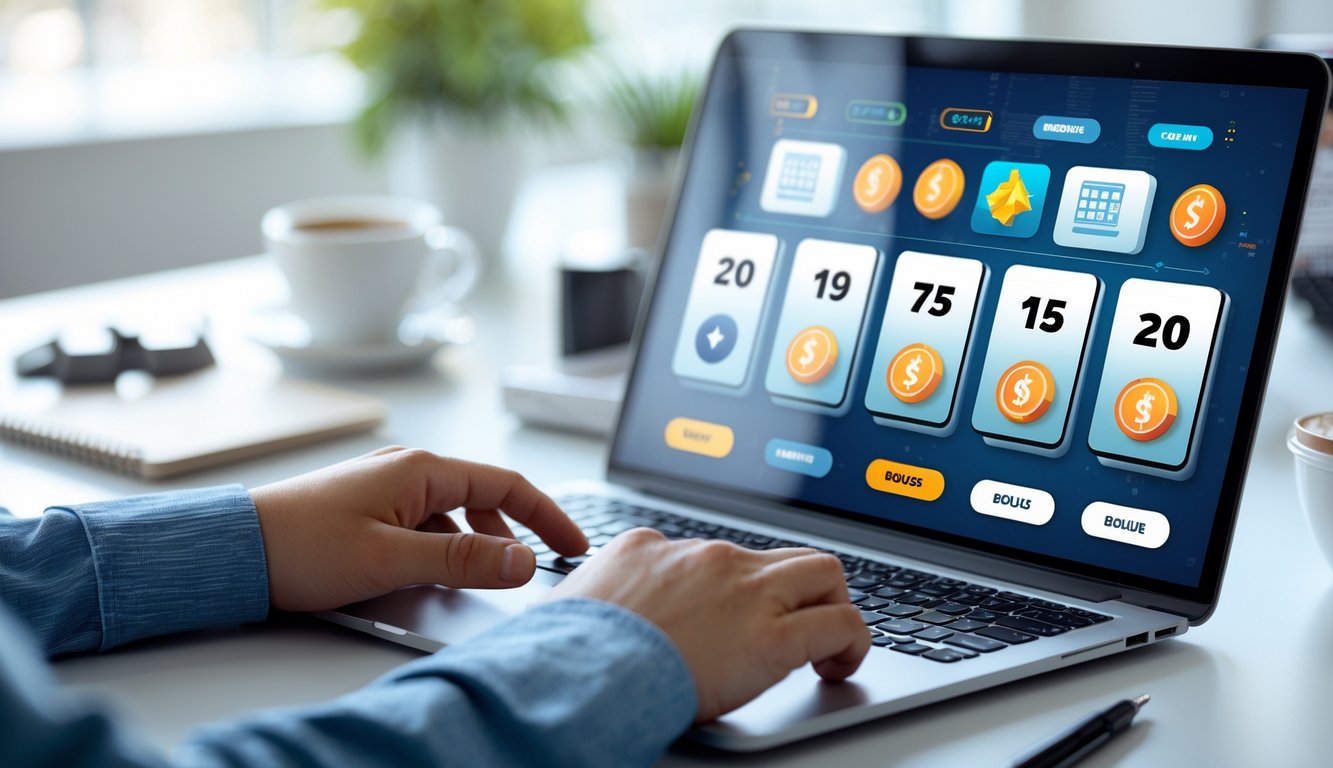 Seseorang menggunakan laptop atau ponsel di meja kerja dengan tampilan situs togel online di layar, di sekitar terdapat cangkir kopi dan alat tulis.