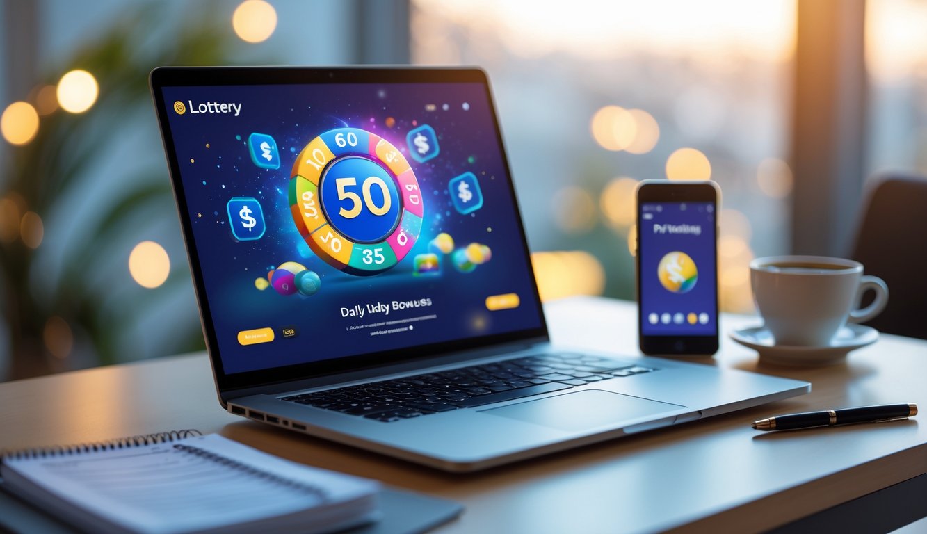 Meja kerja modern dengan laptop yang menampilkan antarmuka permainan togel online, ponsel dengan aplikasi pembayaran, dan alat tulis di sekitarnya.