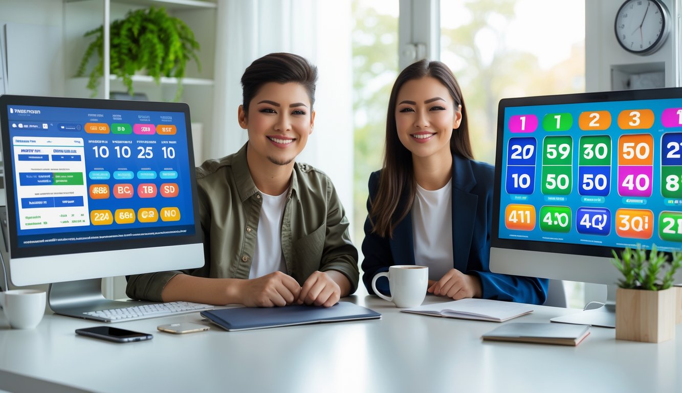 Dua orang muda duduk di meja dengan komputer yang menampilkan angka lotre dan antarmuka taruhan online, terlihat senang dan fokus di kantor rumah yang terang dan rapi.