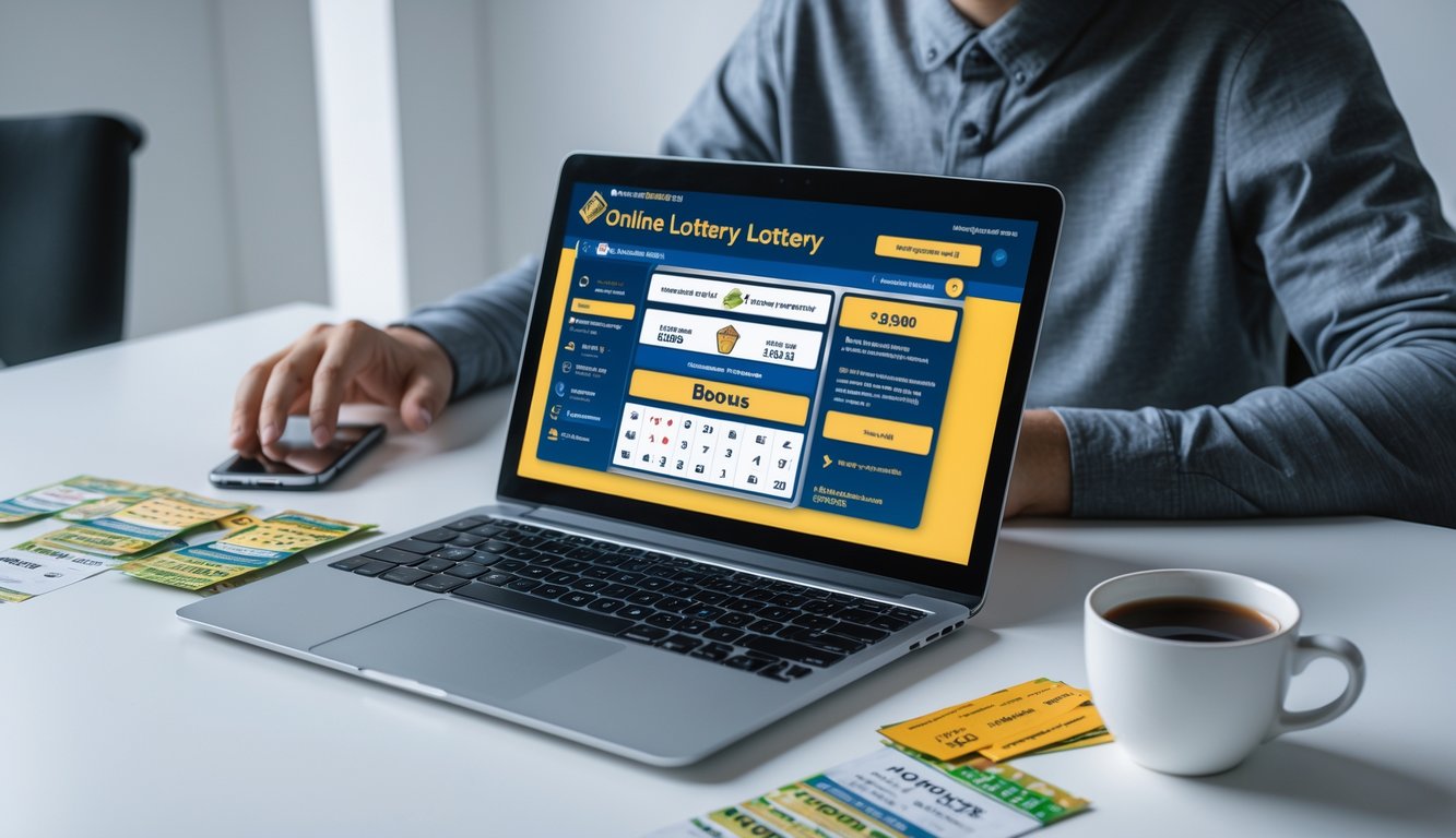 Seorang pengguna laptop sedang fokus bermain togel online dengan suasana kerja yang rapi dan terang.