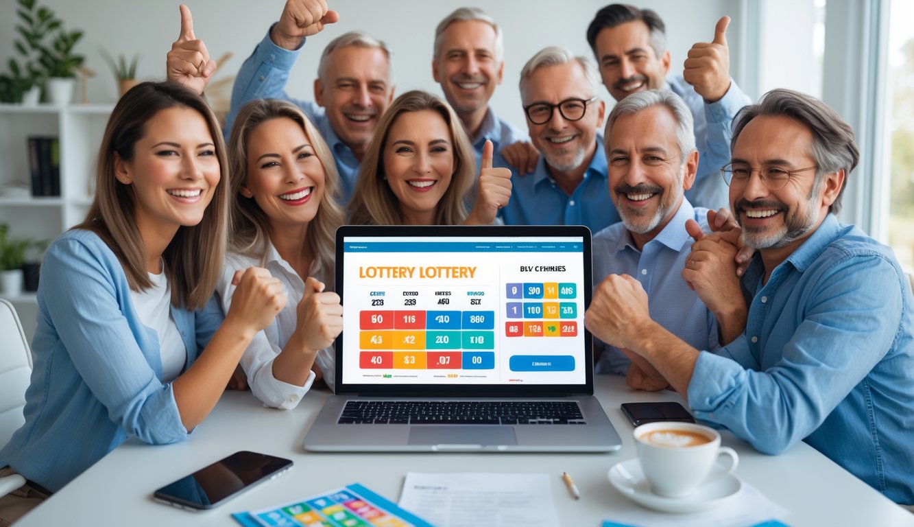 Sekelompok orang tersenyum dan merayakan di sekitar laptop yang menampilkan situs togel online di ruang kerja yang terang.