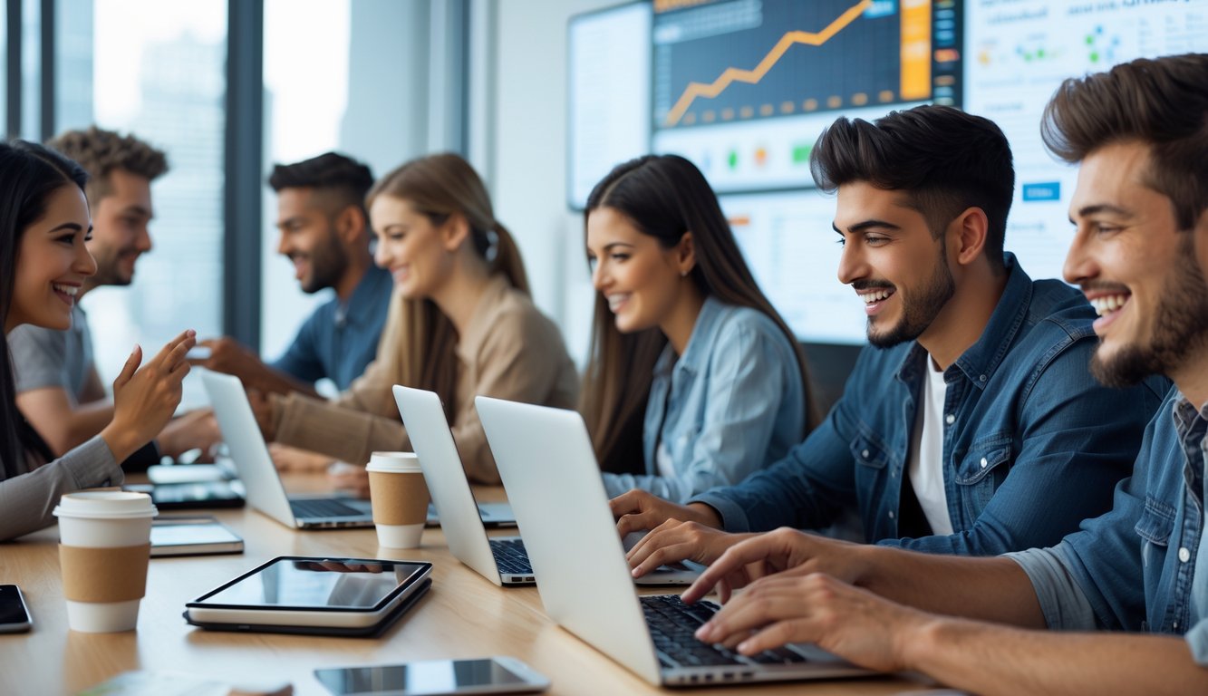 Sekelompok orang muda sedang menggunakan perangkat digital di kantor modern dengan suasana penuh semangat dan fokus.