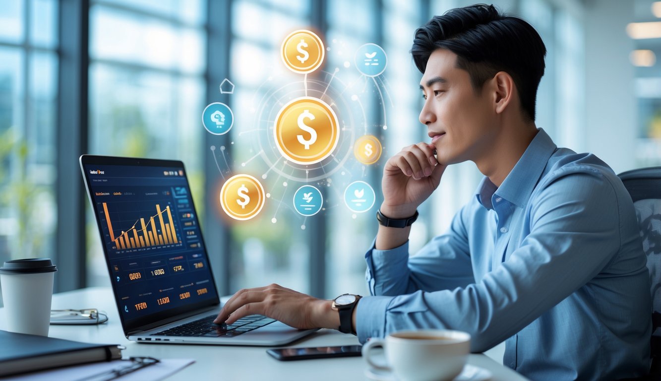 Seorang pria muda duduk di meja kantor modern menggunakan laptop sambil menganalisis data terkait togel online dengan latar belakang kantor yang terang dan rapi.