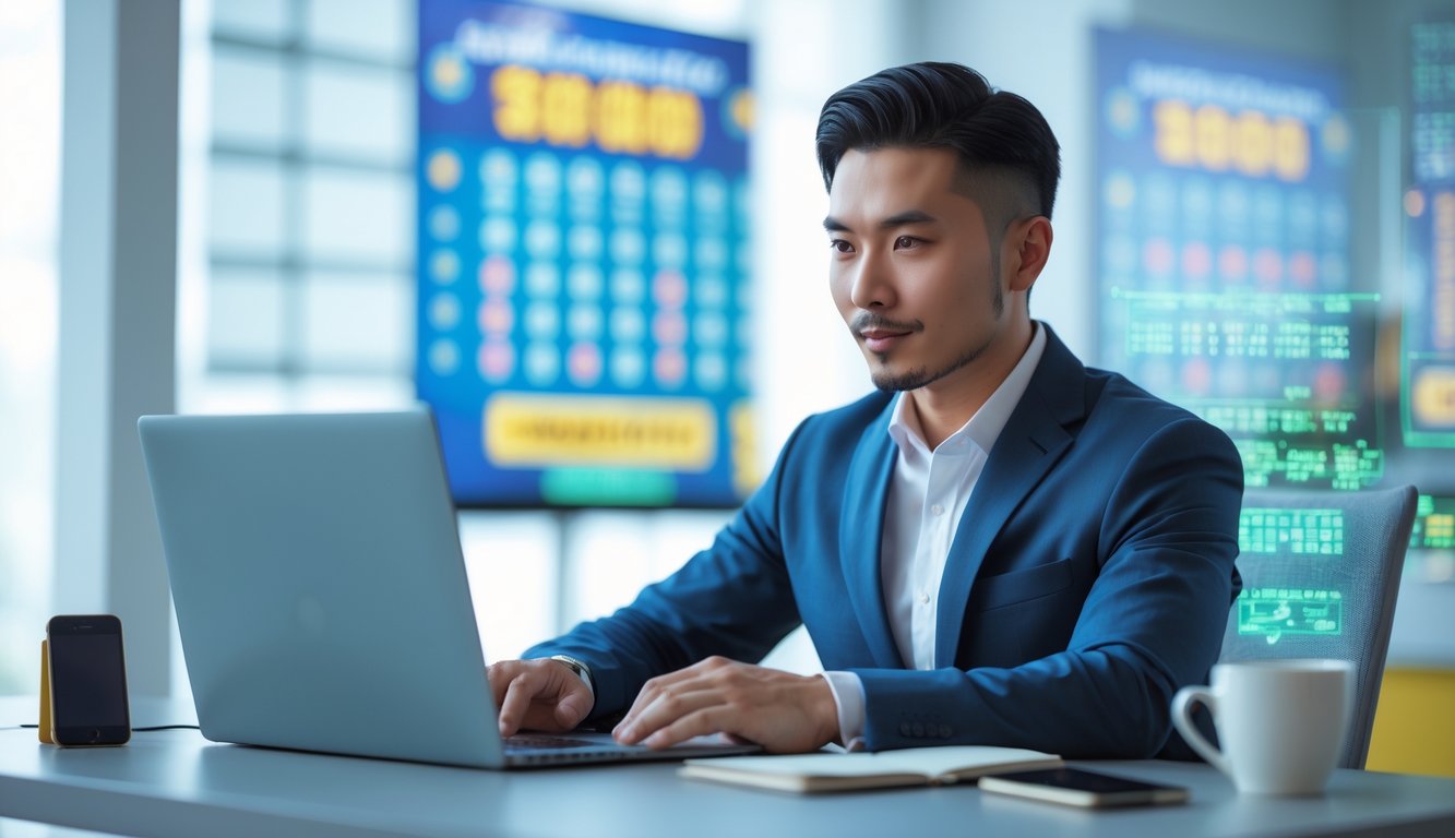 Seorang pria Asia Tenggara duduk di meja kantor modern sambil melihat layar laptop dengan grafik dan angka terkait togel online.