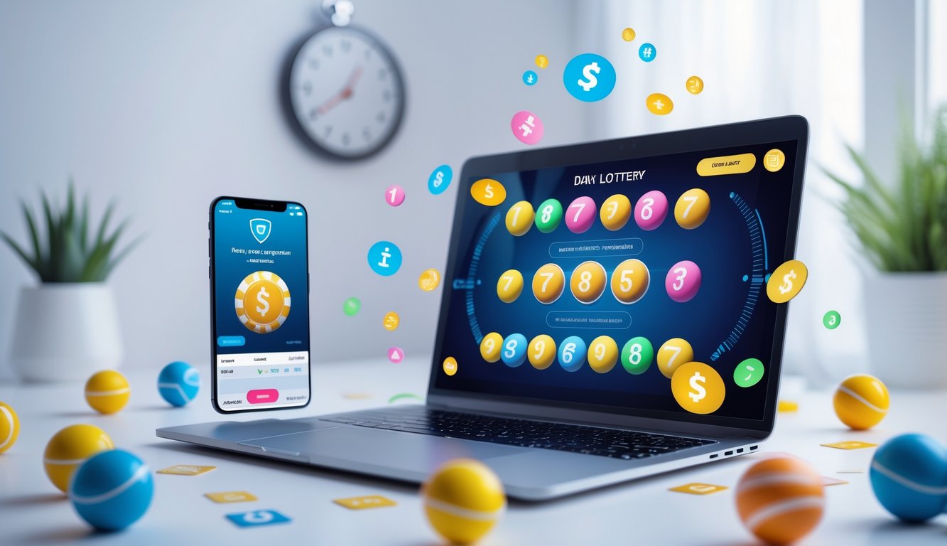 Sebuah ruang kerja modern dengan laptop menampilkan antarmuka lotere digital, bola lotere berwarna-warni, dan ponsel yang menunjukkan konfirmasi pembayaran.