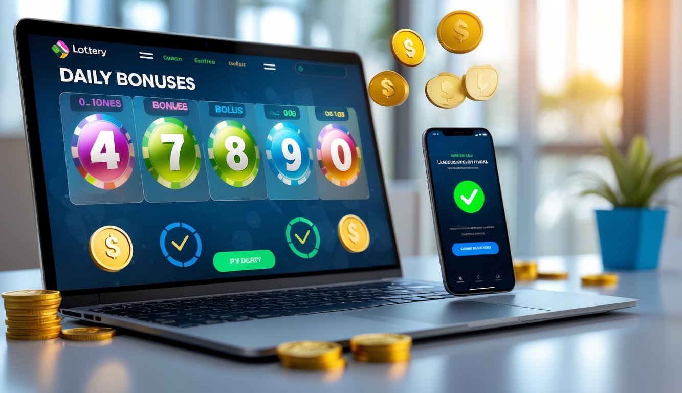 Seseorang menggunakan laptop dan smartphone di meja kerja dengan tampilan antarmuka lotere online dan konfirmasi pembayaran aman.